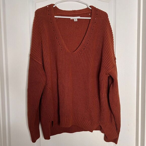 American‎ Eagle Womens Rust Knit Sweater V-Neck Pullover Long Sleeve Size Medium - Picture 1 of 7
